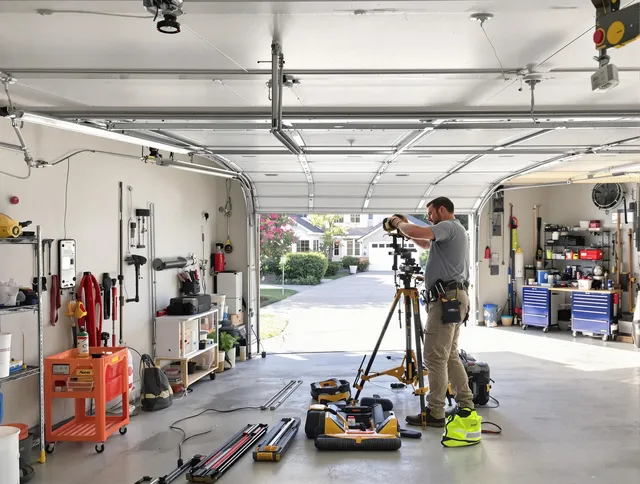Lake Forest Garage Door Repair specialist performing laser-guided track alignment in Lake Forest